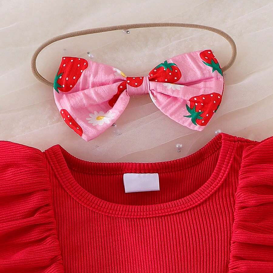 2PCS Cute Strawberry Floral Print Flutter Sleeve Baby Romper