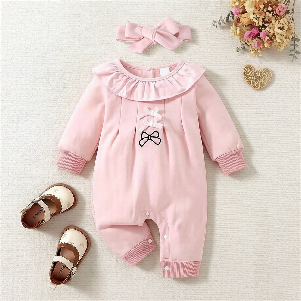 2PCS Lovely Solid Color Bow Embroidery Baby Jumpsuit