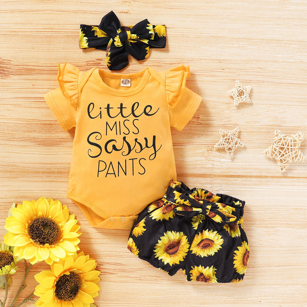 3PCS Little Miss Sassy Pants Sunflower Printed Baby Set