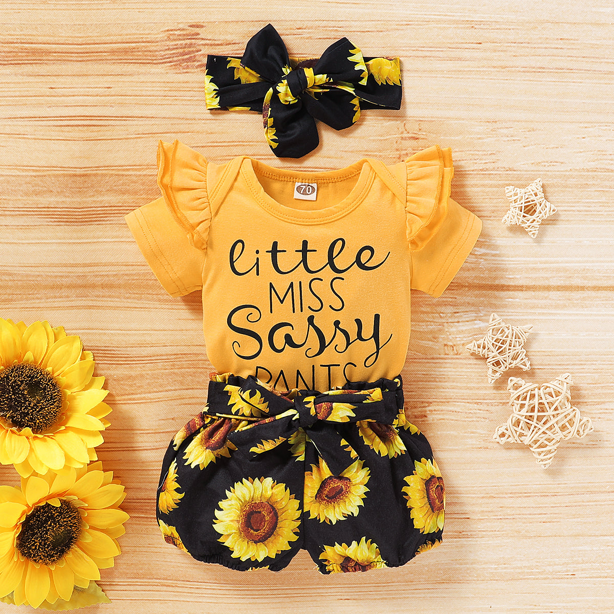 3PCS Little Miss Sassy Pants Sunflower Printed Baby Set