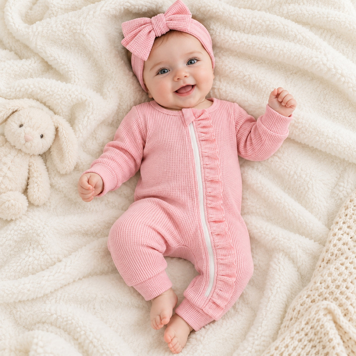 2PCS Solid Color Long Sleeve Ruffle Zipper Baby Jumpsuit