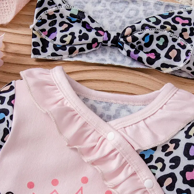 3PCS The Princess Has Arrived Letter Leopard Printed Baby Jumpsuit