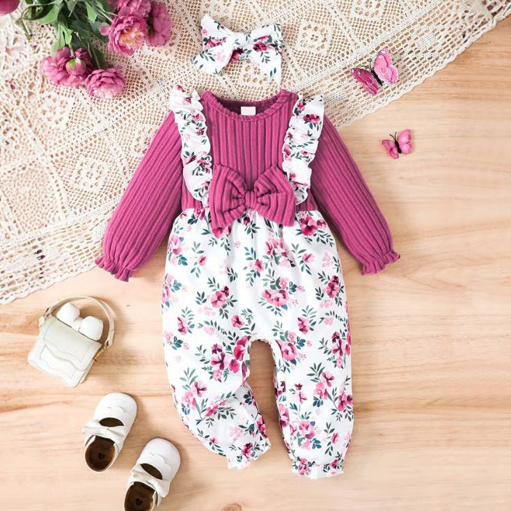 2PCS Delightful Floral Printed Bow Long Sleeve Baby Jumpsuit