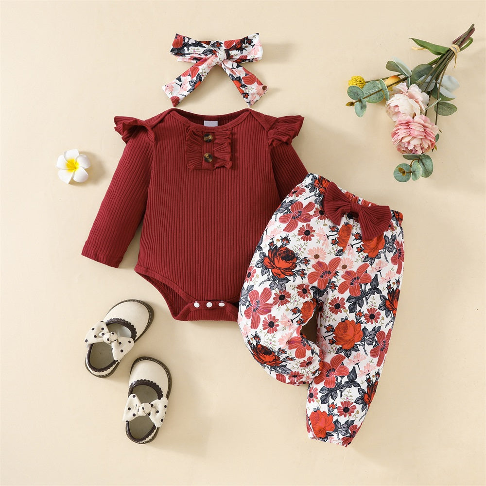 3PCS Comfy Floral Printed Long Sleeve Baby Set