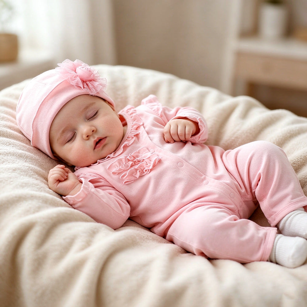 2PCS Lovely Fold Edge Solid Printed Long-sleeve Baby Jumpsuit With Hat