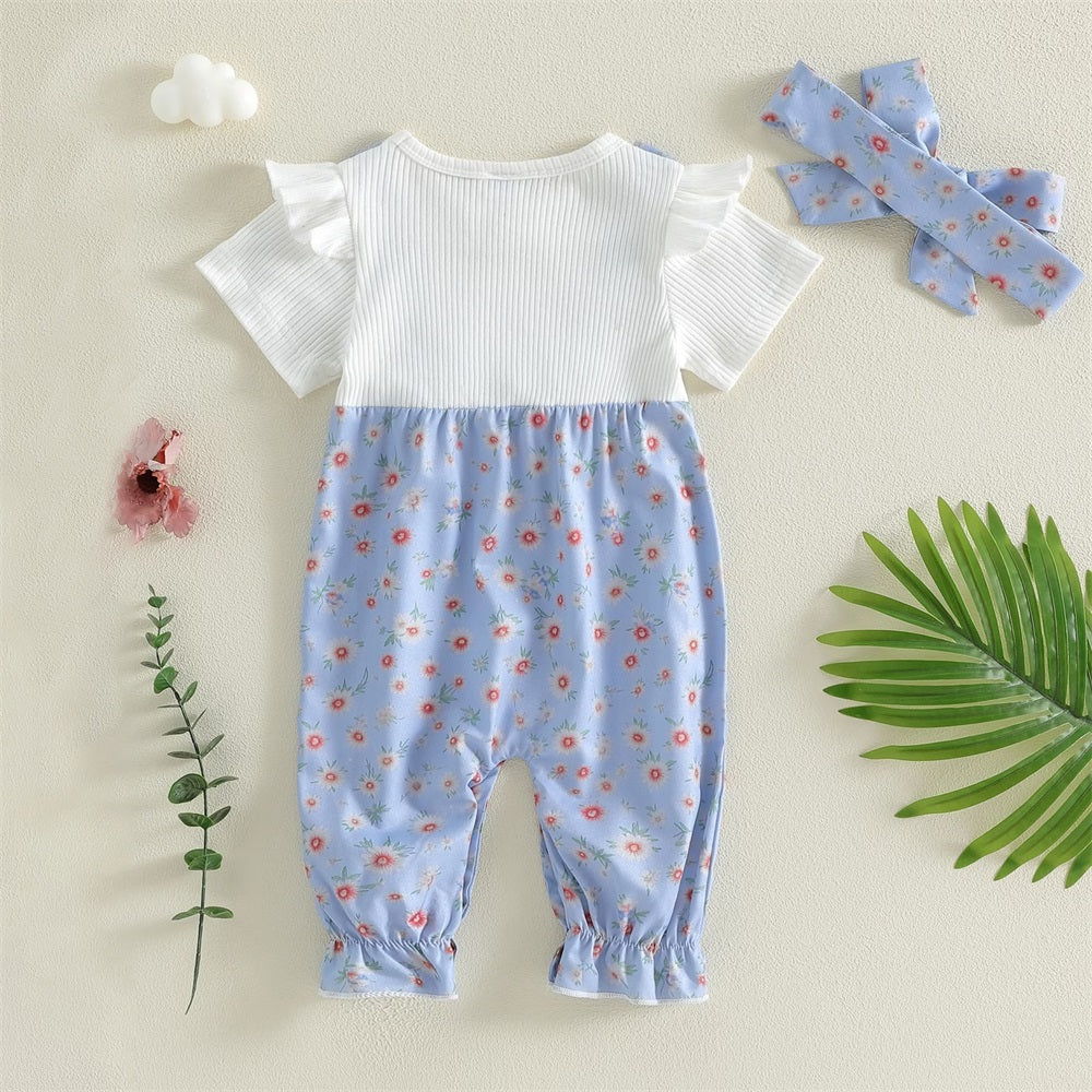 2PCS Adorable Floral Printed Bow Short Sleeve Baby Jumpsuit