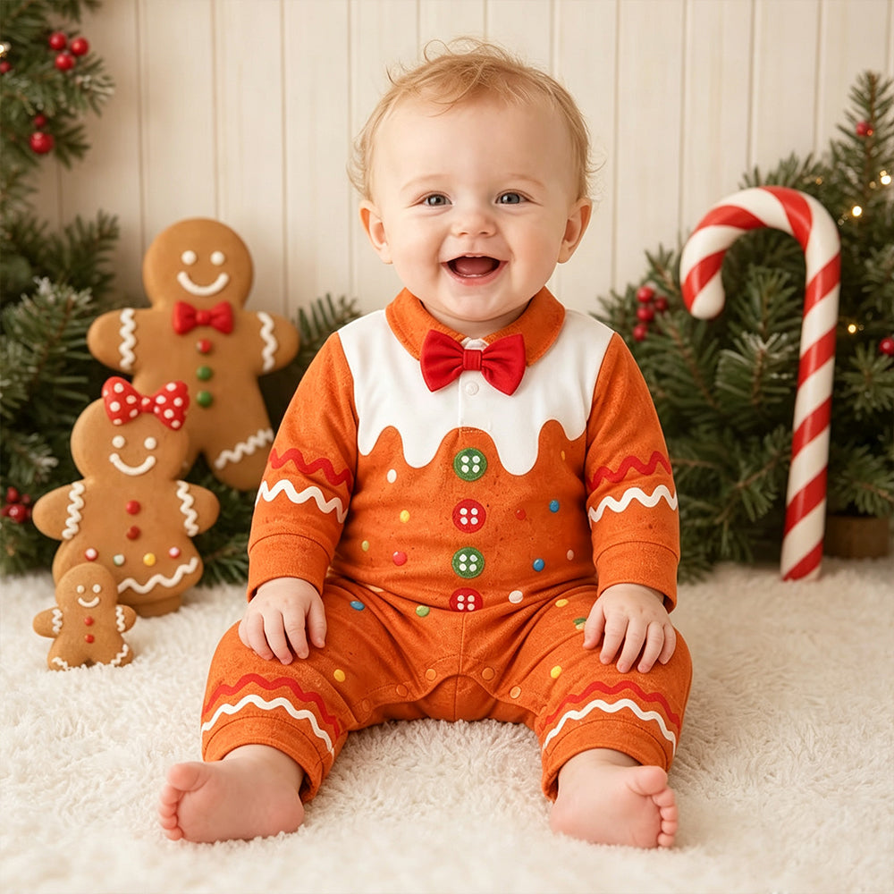 Cute Gingerbread Man Design Bow Decor Long Sleeve Baby Jumpsuit