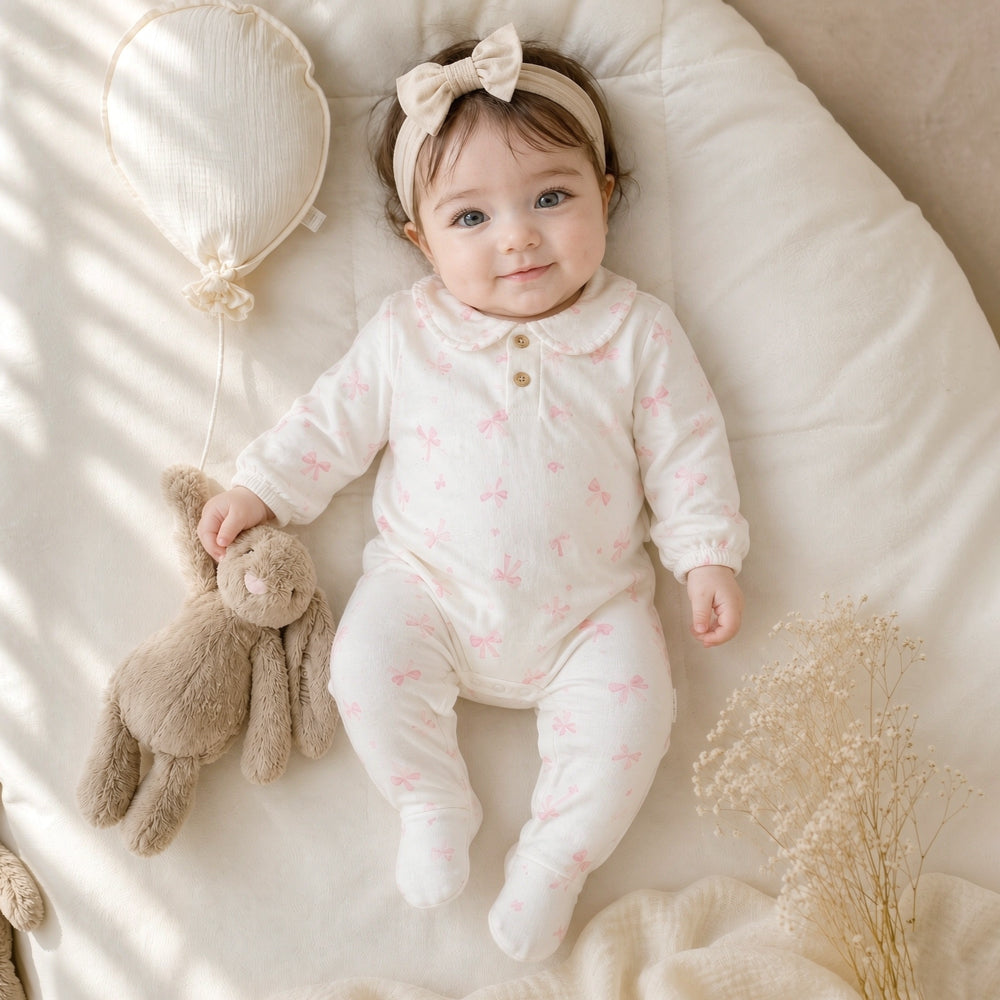 Winsome Bow Printed Long Sleeve Baby Jumpsuit