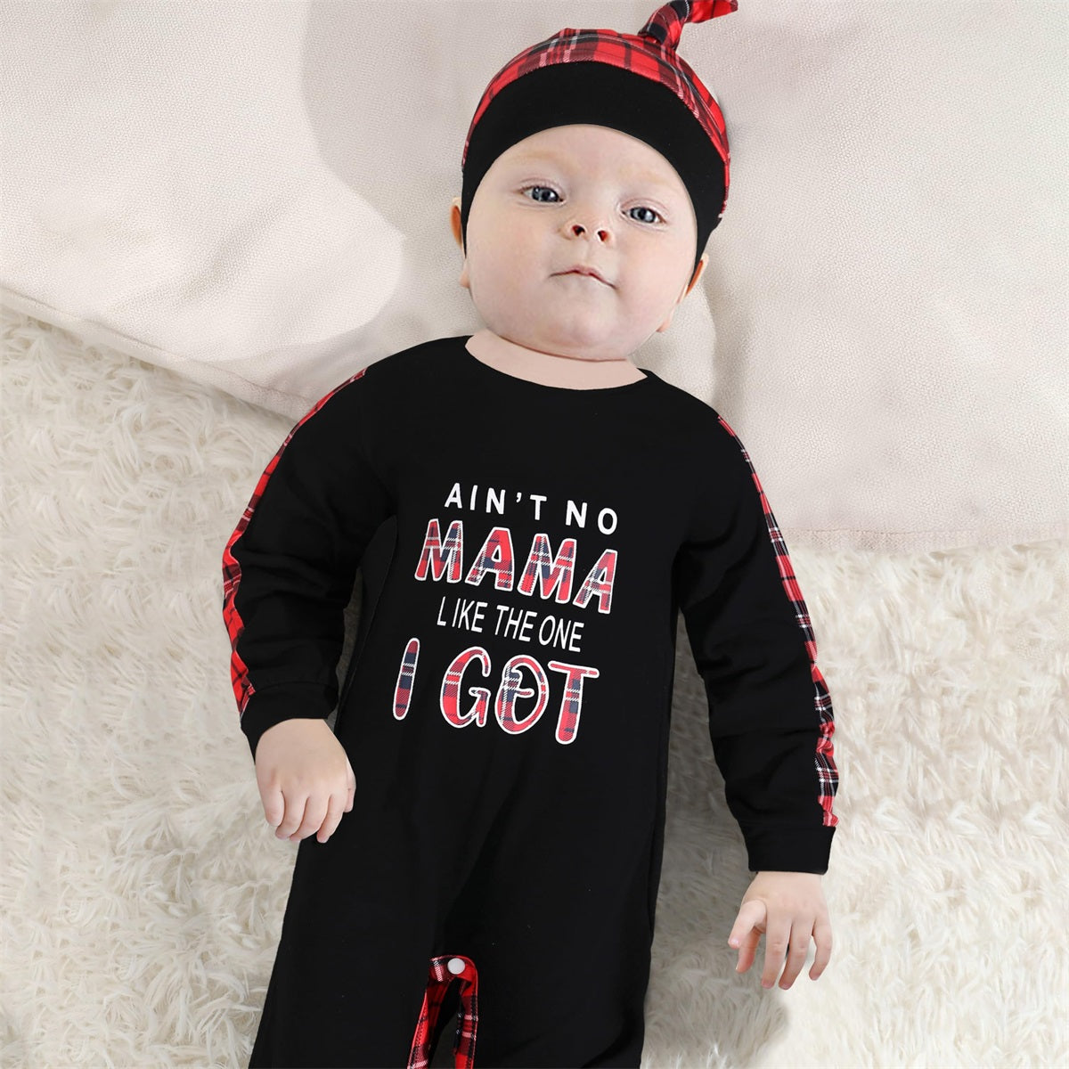 2PCS Ain't No Mama Like The One I Got Letter Plaid Printed Baby Jumpsuit