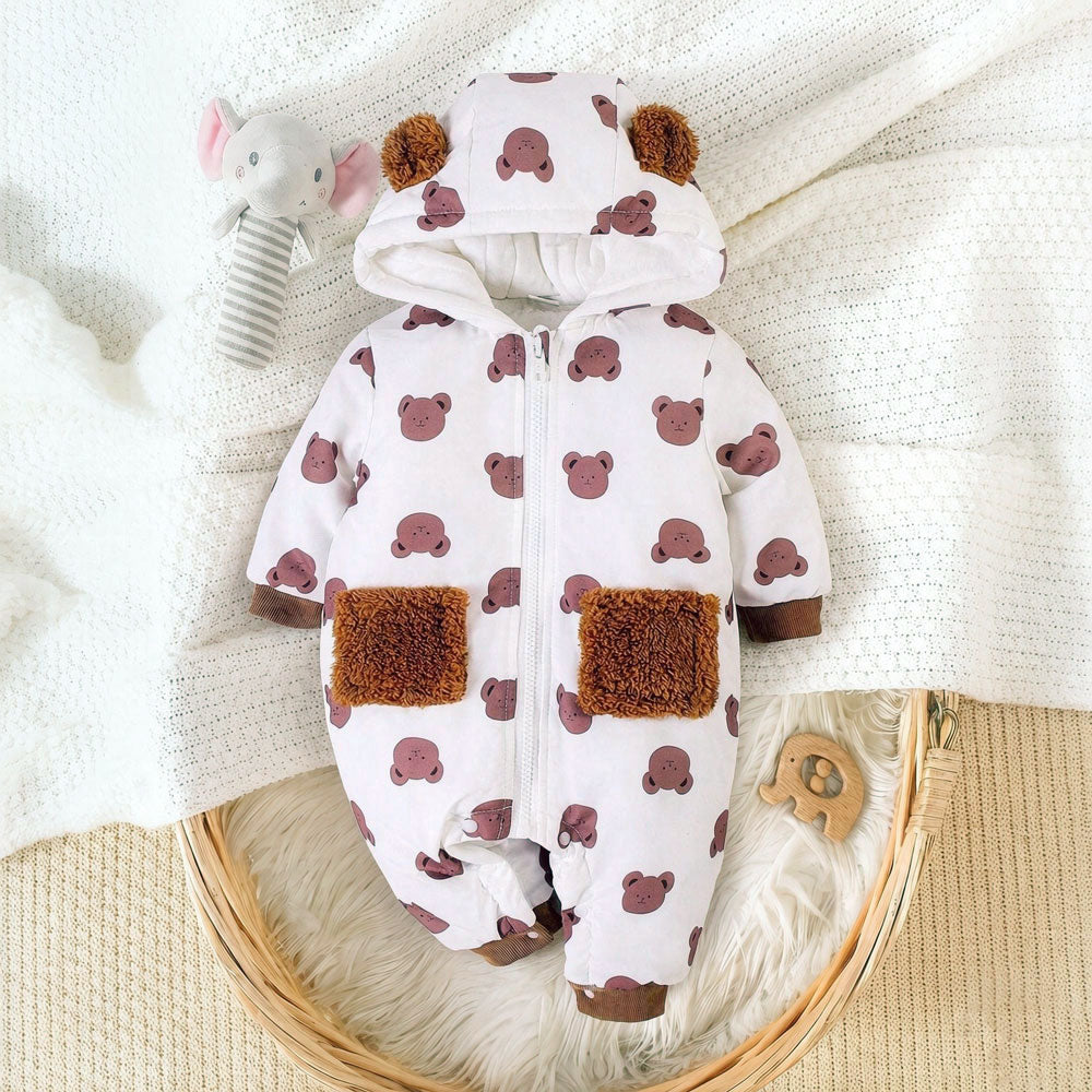 Cozy All-Over Bear Printed Hoodie Long Sleeve Baby Jumpsuit