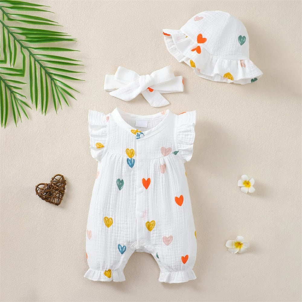 3PCS Trendy Heart Print Sleeveless Baby Jumpsuit