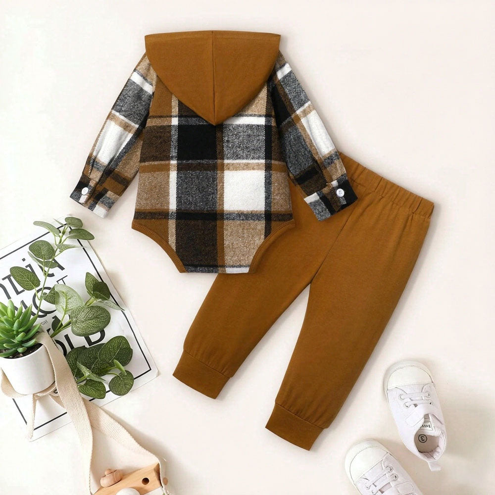 2PCS Stylish Plaid Print Long Sleeve Hoodie Baby Boy Set
