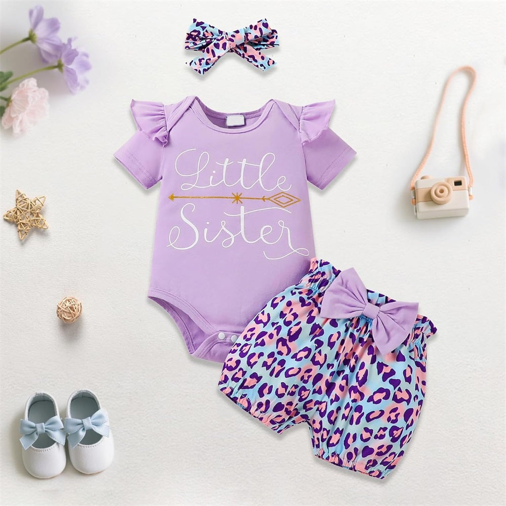 3PCS Little Sister Letter Print Leopard Short Sleeve Baby Set