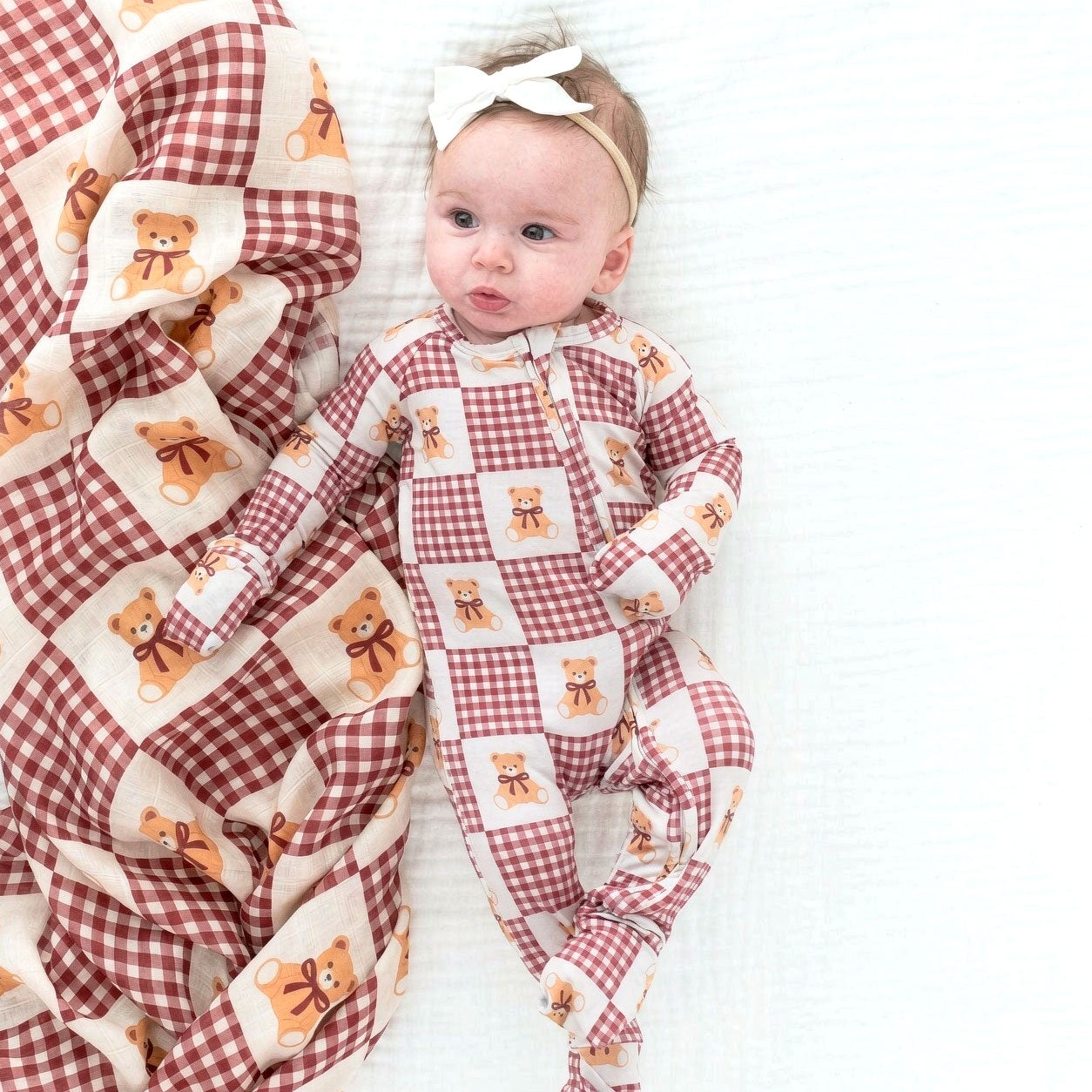 Timeless Bear Plaid Printed Zipper Long Sleeve Baby Jumpsuit