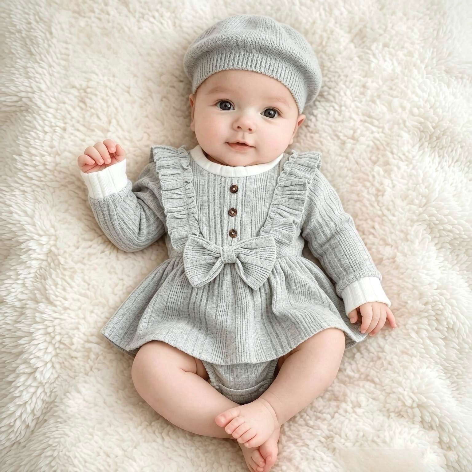 2PCS Timeless Solid Color Long Sleeve Baby Girl Romper