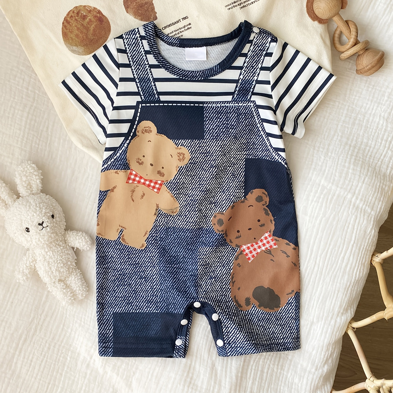 Cute Teddy Bear and Stripe Printed Short Sleeve Baby Jumpsuit