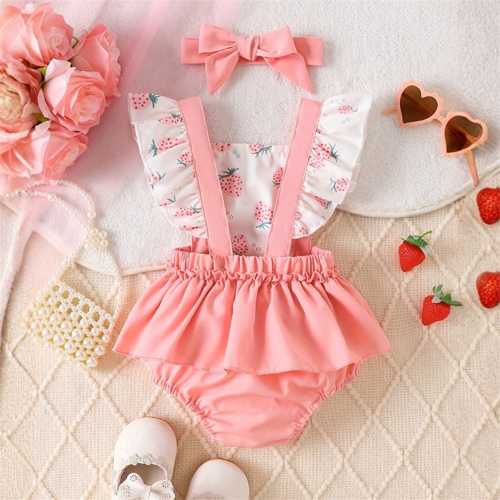 2PCS Sweet Strawberry Printed  Sleeveless Baby Romper