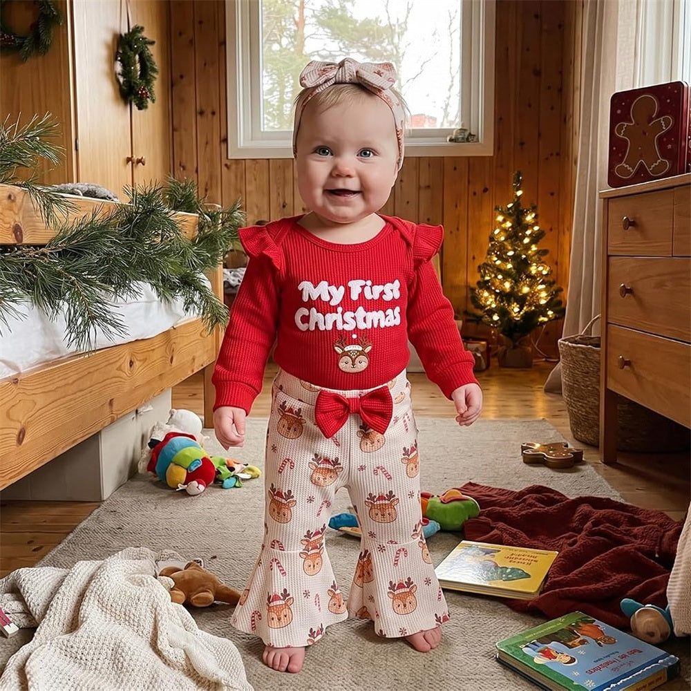 3PCS My First Christmas Letter Print Elk Applique Baby Girl Set