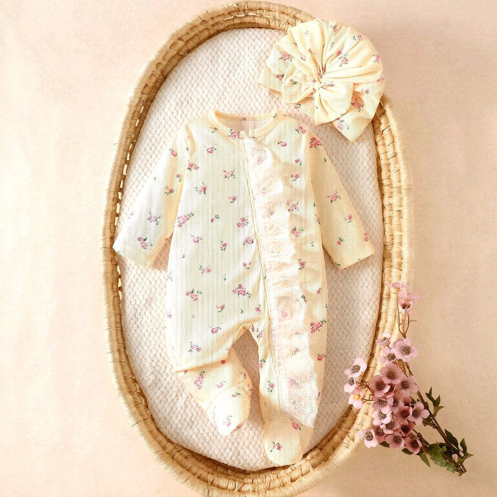 2PCS Lovely Floral Printed Ruffle Lace Zipper Long Sleeve Baby Jumpsuit