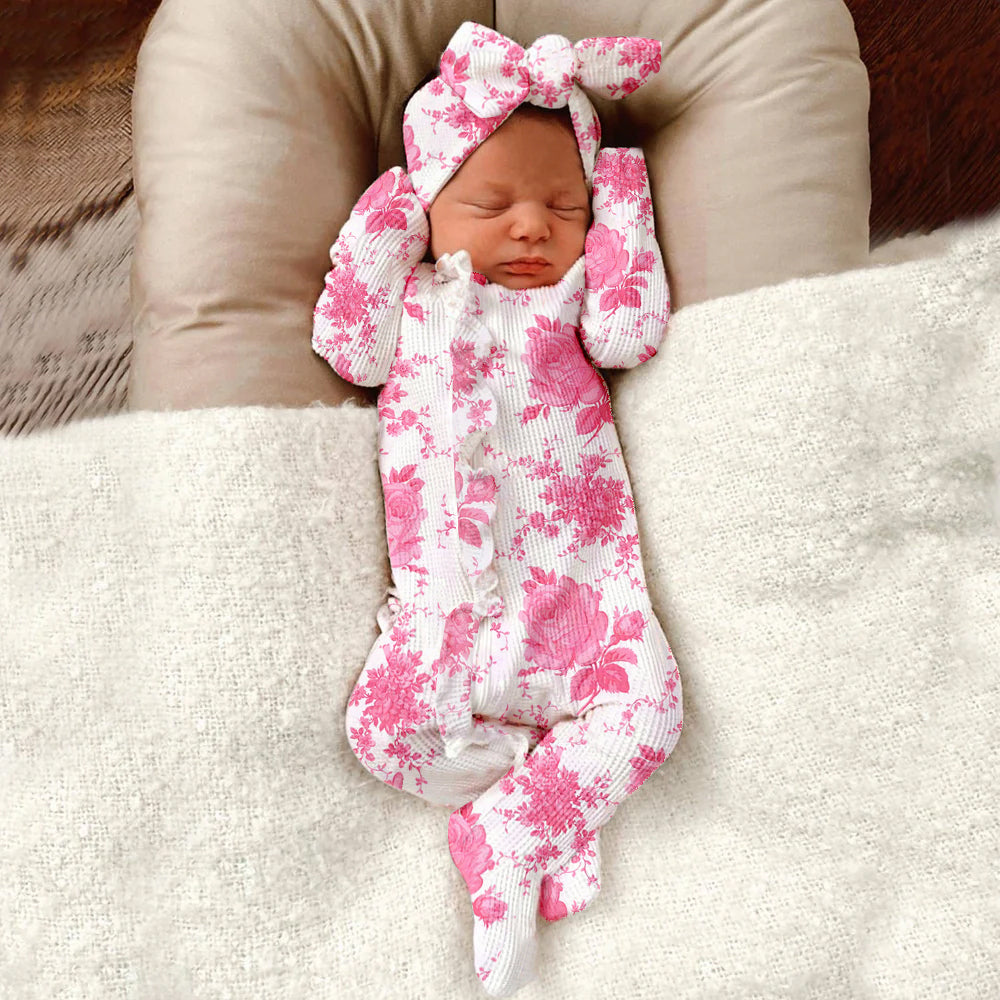 2PCS Pink Floral Print Ruffle Long Sleeve Baby Jumpsuit