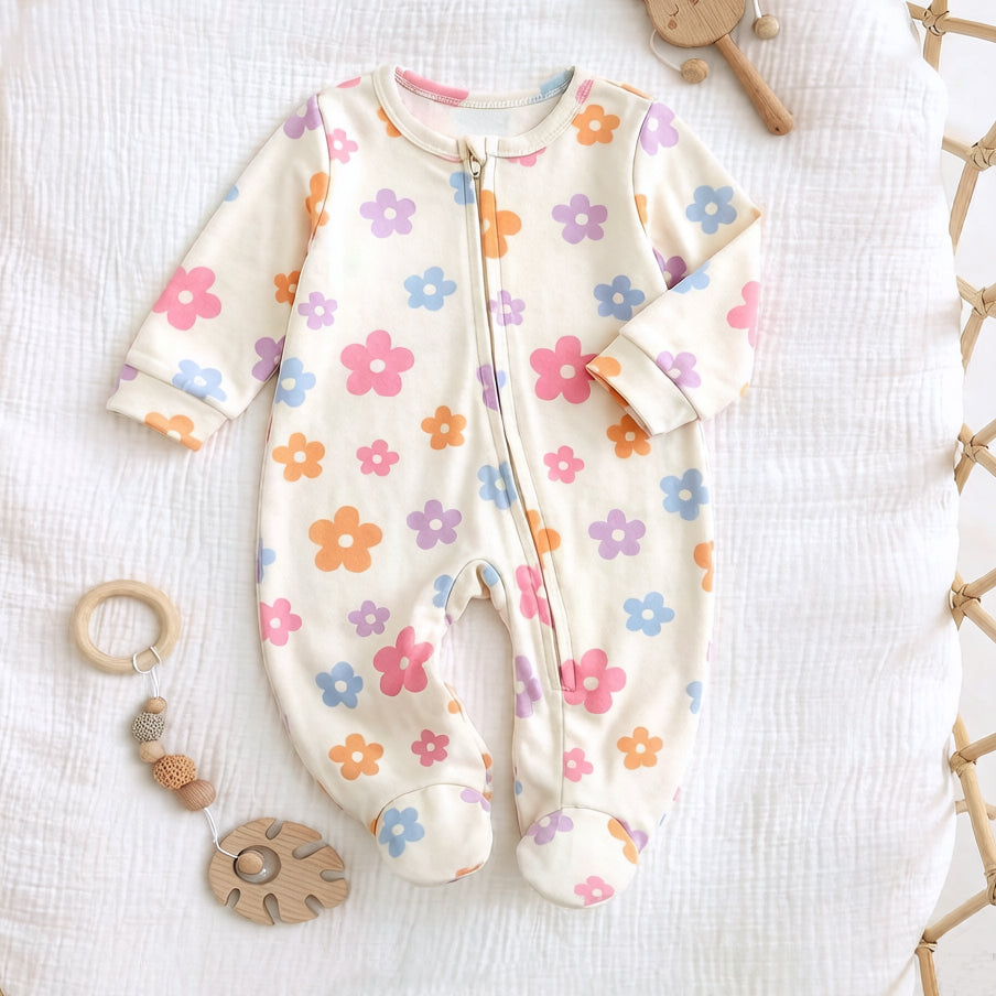 2PCS Graceful Floral Print Long Sleeve Zipper Baby Jumpsuit