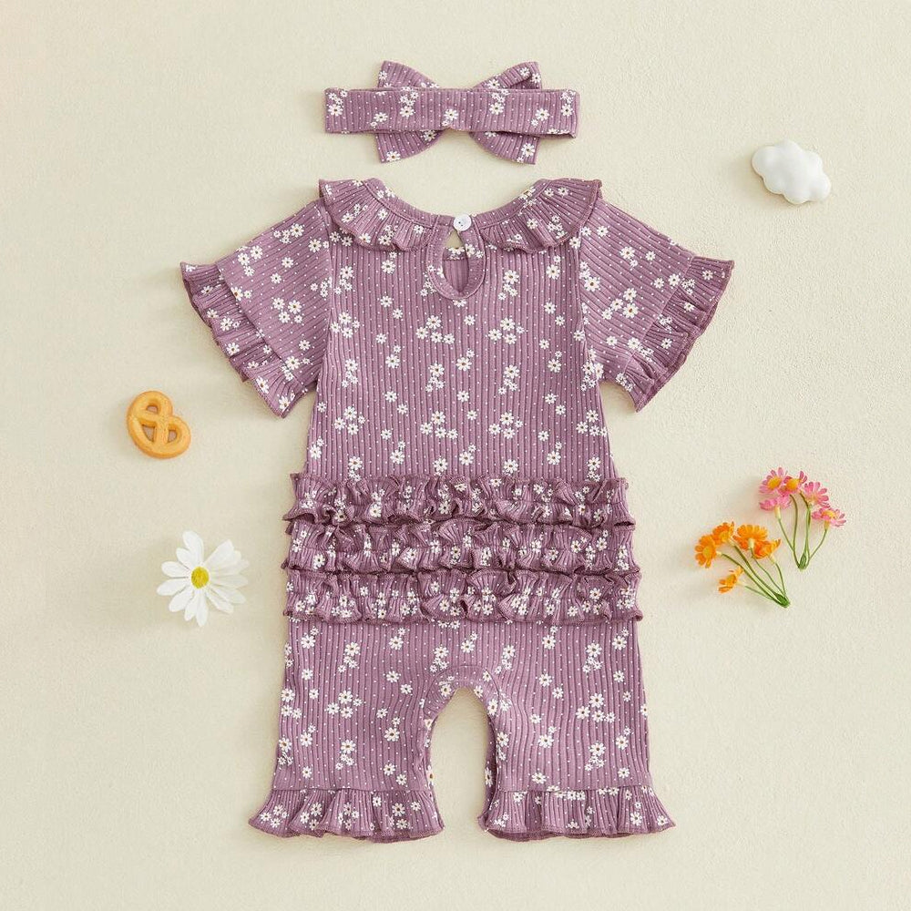 2PCS Sweet All-over Daisy Print Short Sleeve Baby Jumpsuit