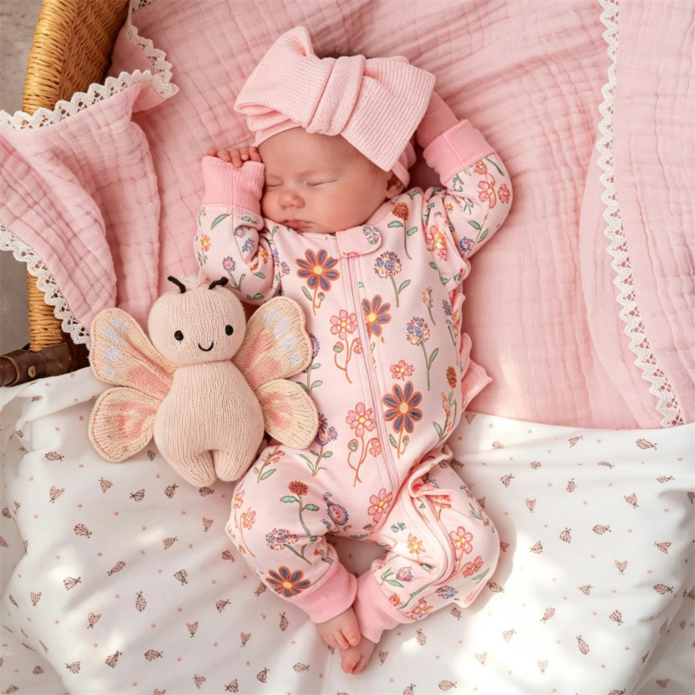 Grace Floral Print Zipper Long Sleeve Baby Jumpsuit