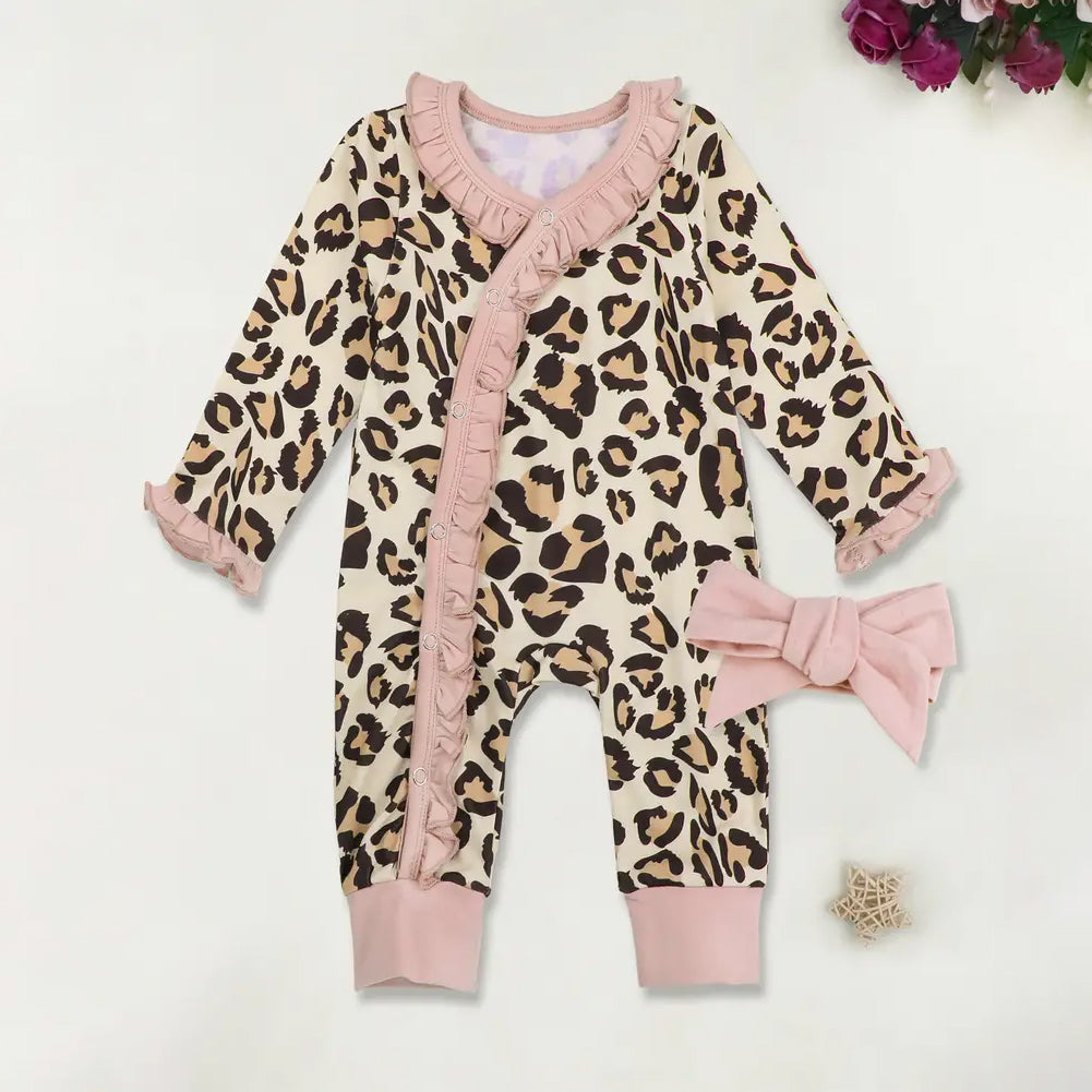 2PCS Leopard Printed Long Sleeve Ruffled Decoration Baby Jumpsuit