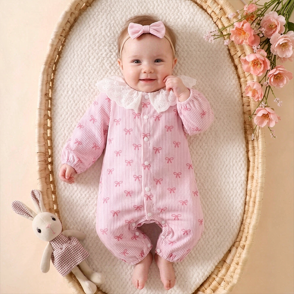 Sweet Bow Print Long Sleeve Baby Jumpsuit