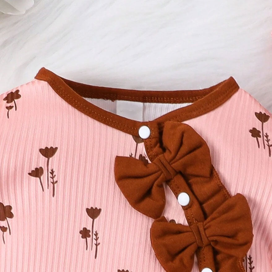 2PCS Romantic Floral Printed Ruffle Long Sleeve Baby Girl Jumpsuit