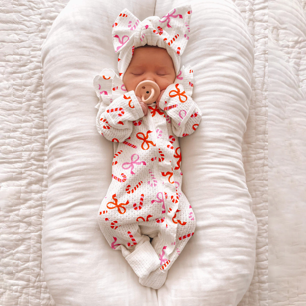 2PCS Christmas Candy Cane Bow Print Zipper Knit Baby Jumpsuit