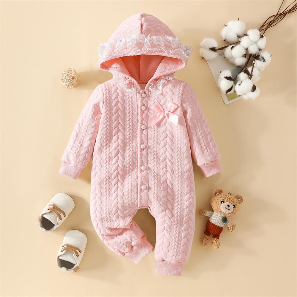Casual Solid Color Lace Trim Long Sleeve Baby Hooded Jumpsuit