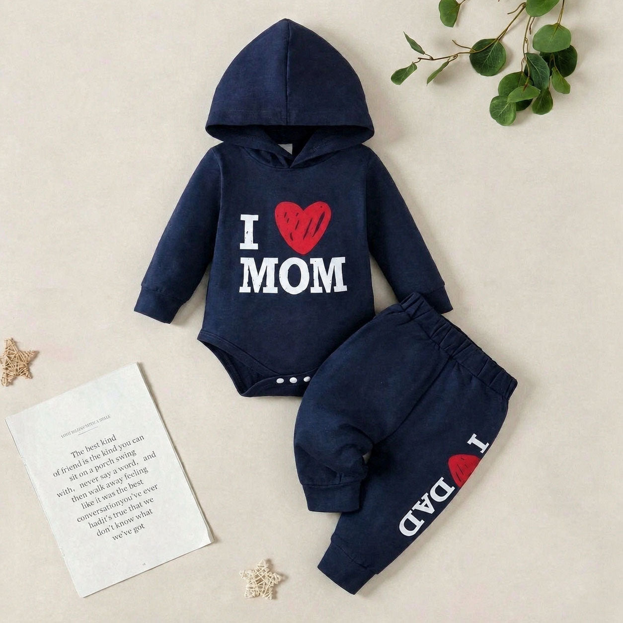 2PCS I Love Mom Dad Letter Printed Long Sleeve Hooded Baby Set