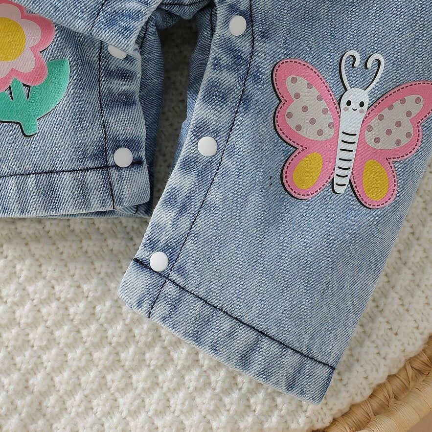 2PCS Chic Floral and Animal Print Long Sleeve Denim Baby Overalls Set