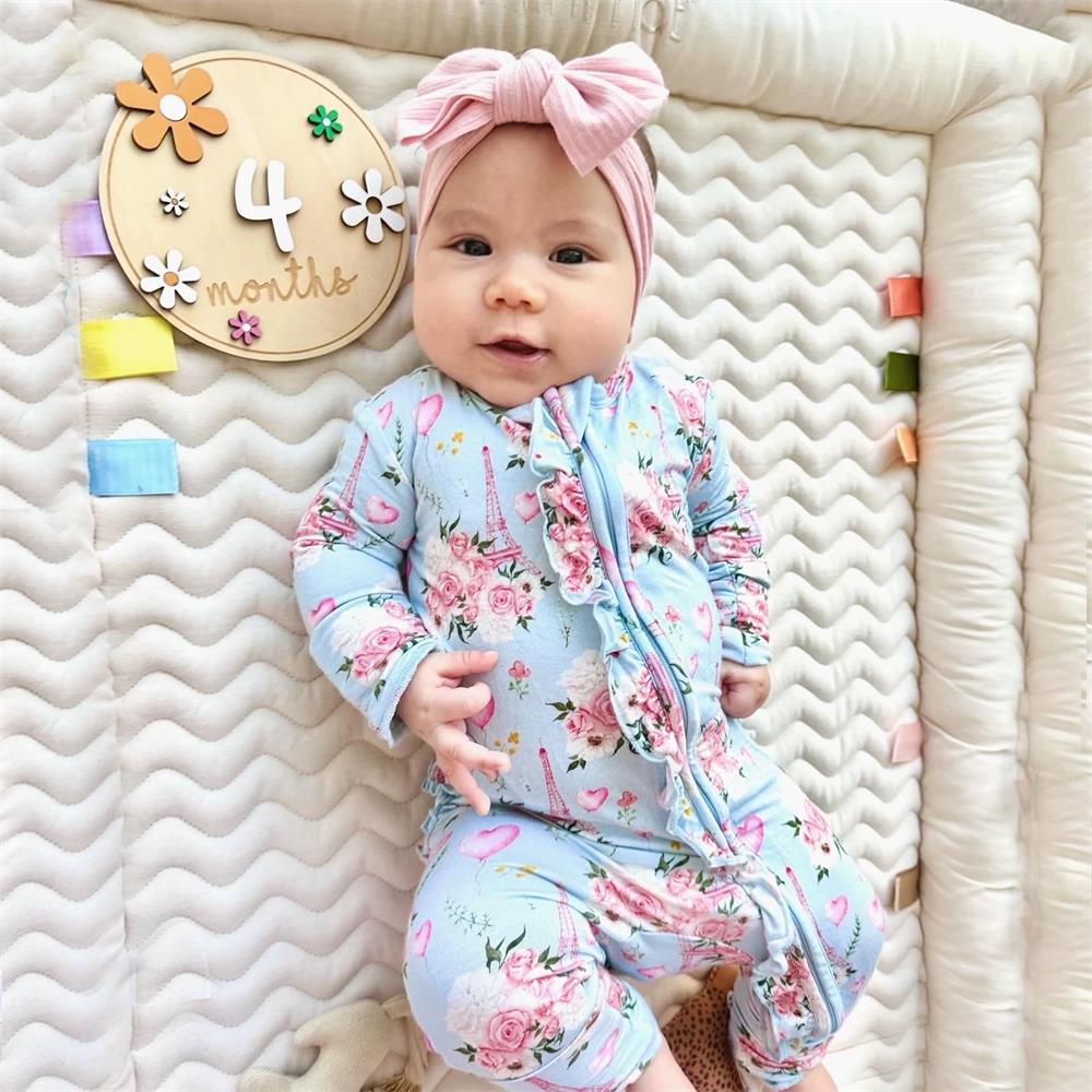 Comfy Floral Print Long Sleeve Ruffle Zipper Baby Jumpsuit