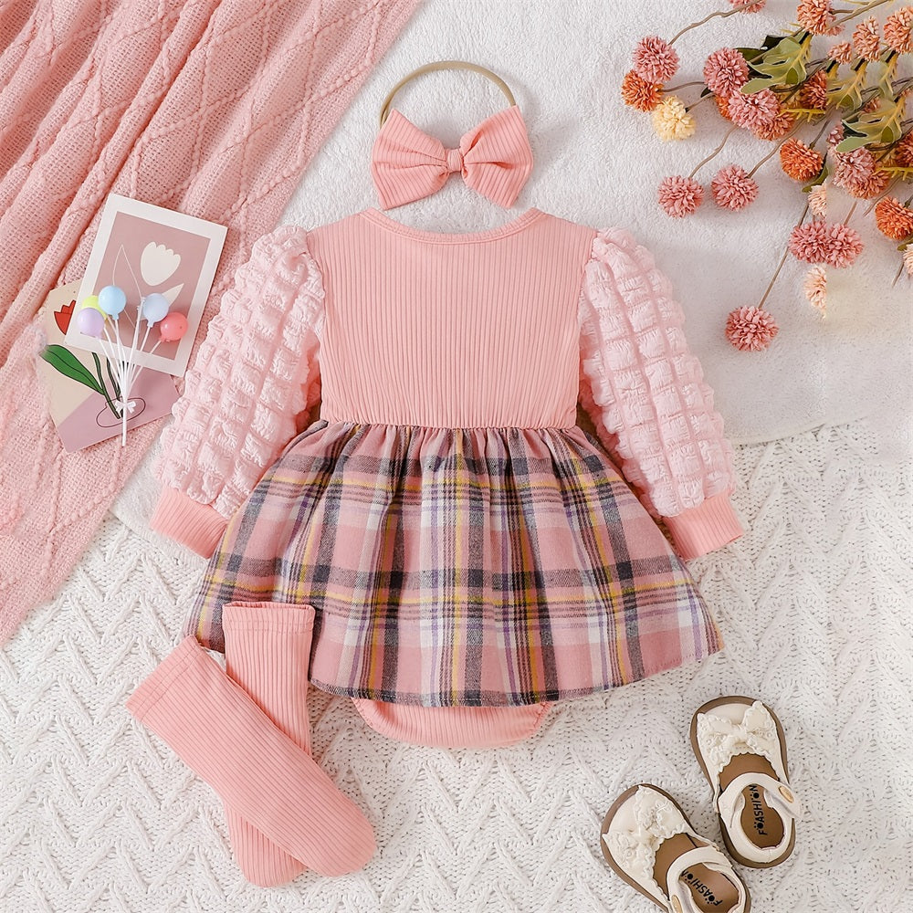 3PCS Sweet Plaid Print Puff Sleeve Baby Romper