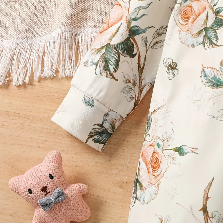 2PCS Vintage Floral Print Long Sleeve Baby Girl Jumpsuit