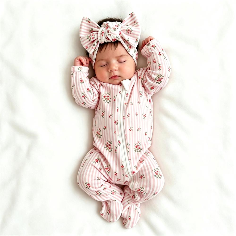 2PCS Gorgeous Floral Stripe Print Zipper Long Sleeve Baby Jumpsuit