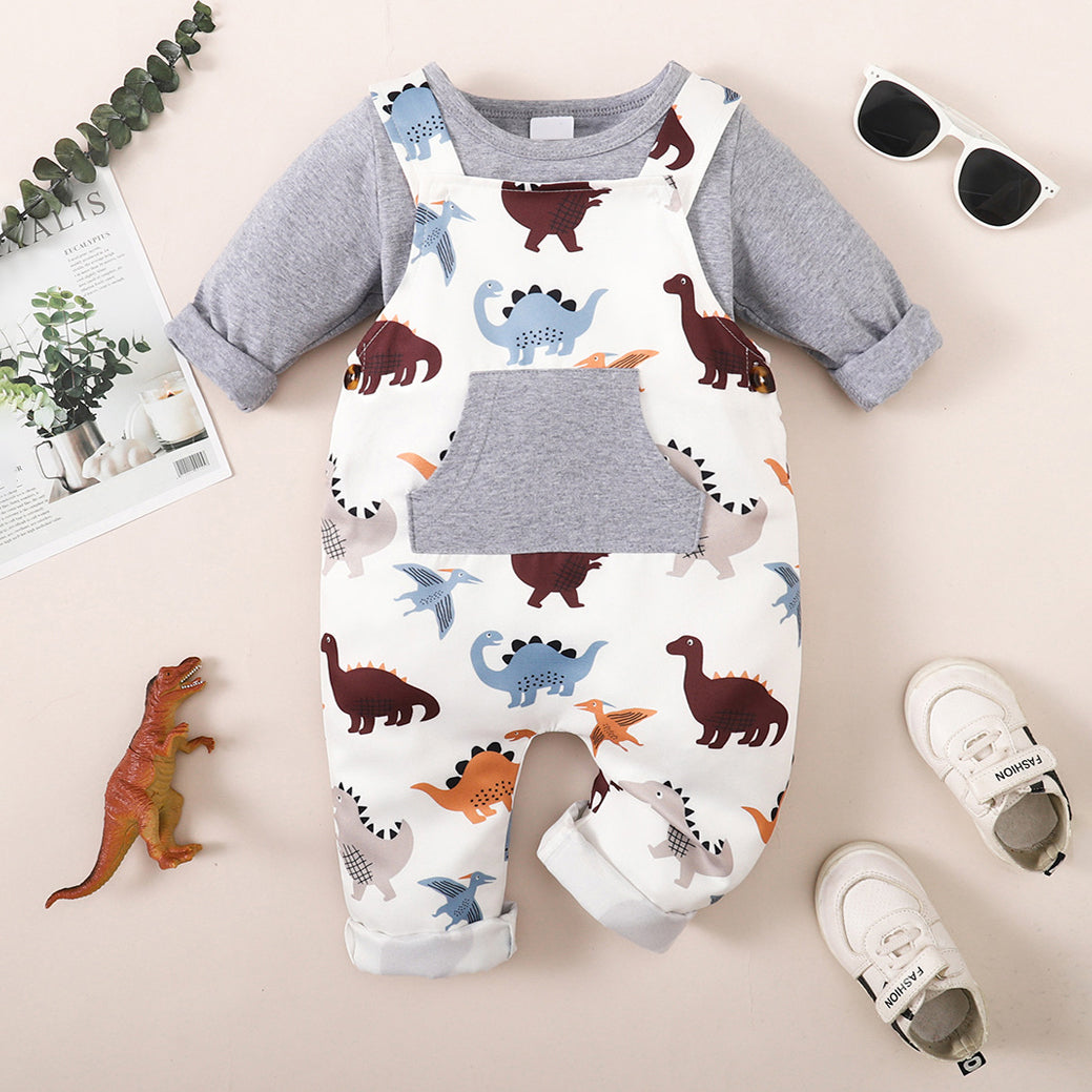 2PCS Cute Dinosaur Printed Long Sleeve Overalls Baby Set