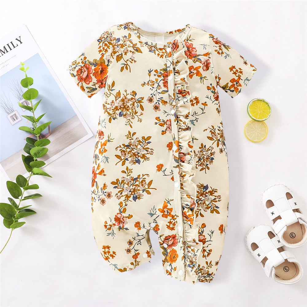 Stylish Floral Printed Ruffle Decor Short Sleeve Baby Jumpsuit