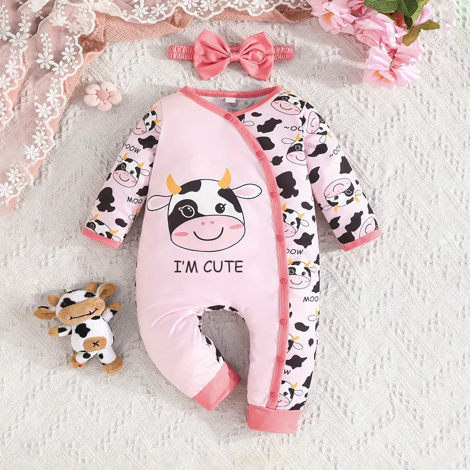 2PCS I'm Cute Letter Cow Printed Long Sleeve Baby Jumpsuit