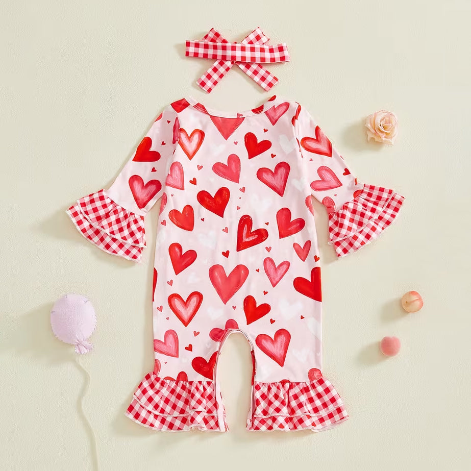 2PCS Heart Plaid Print Long Sleeve Baby Jumpsuit