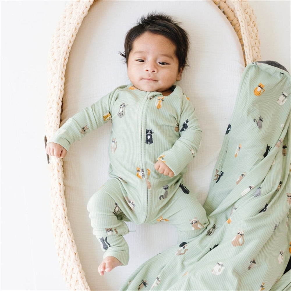Casual Cat Print Ribbed Zip Baby Jumpsuit