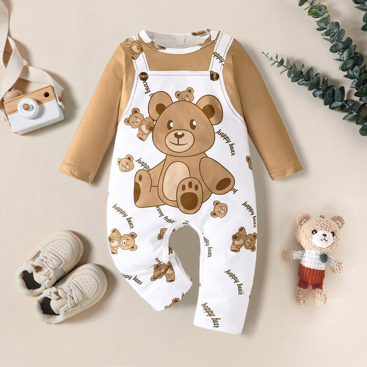 Cute Bear Printed Faux Bib Pants Baby Jumpsuit