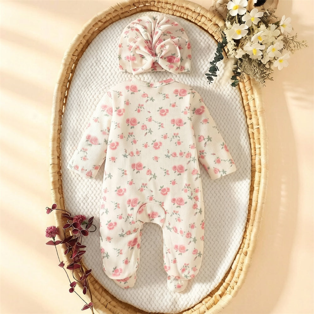 2PCS Comfy Floral Printed Ruffle Long Sleeve Baby Girl Jumpsuit