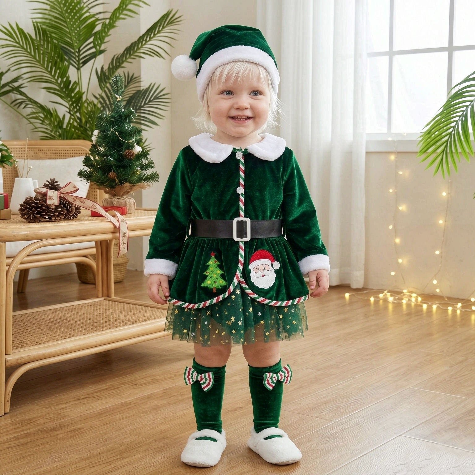 3PCS Christmas Santa Claus Printed Tulle Long Sleeve Baby Romper