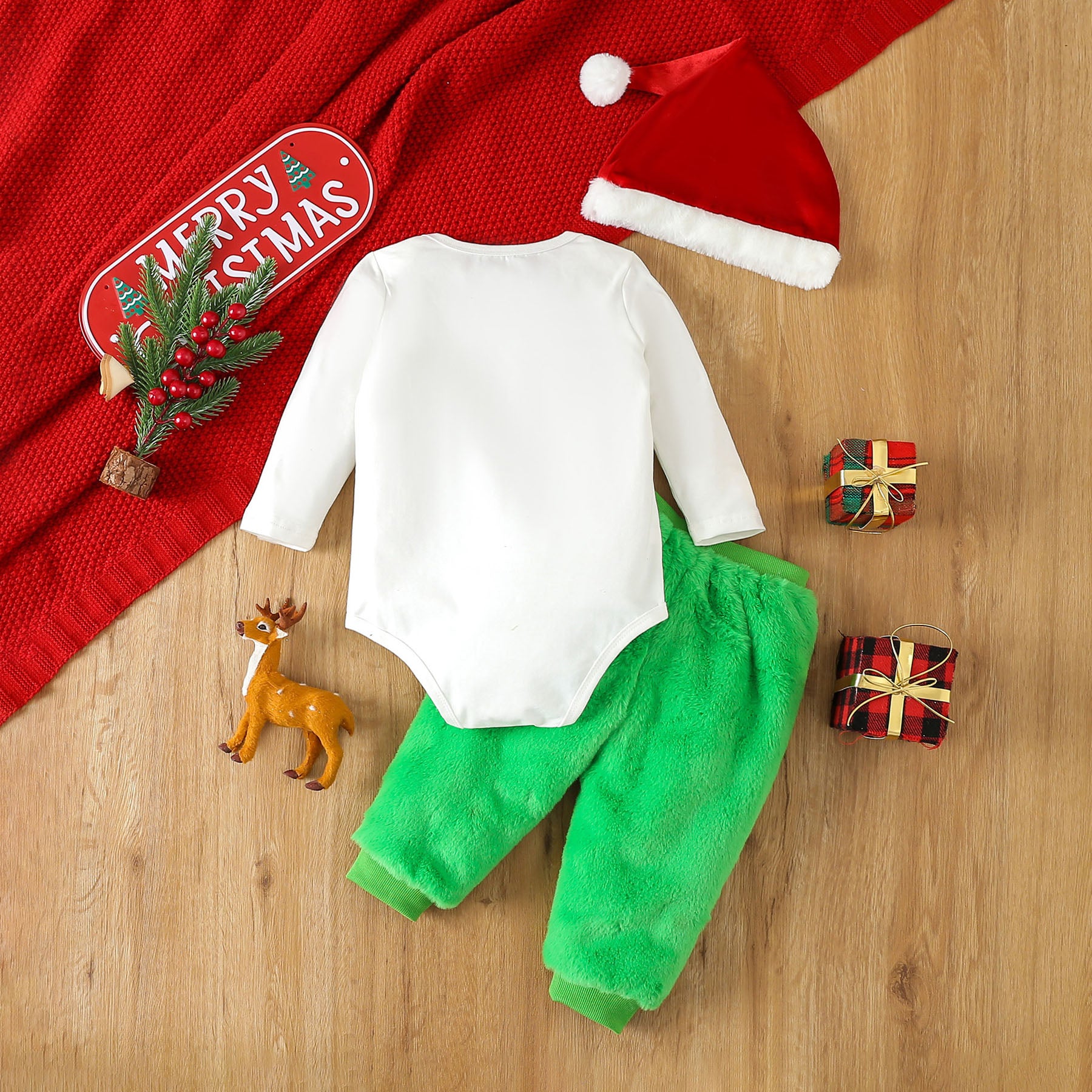 3PCS Baby First Christmas Letter Printed Fuzzy Baby Set