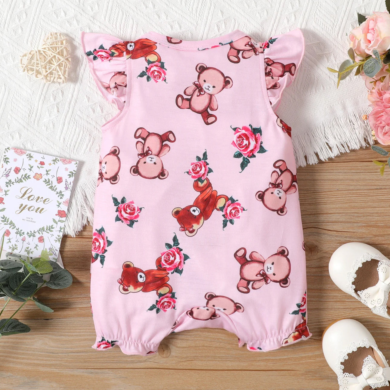 Cheerful Bear Floral Print Flounce Sleeve Baby Jumpsuit