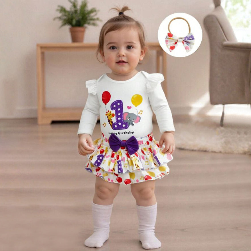 3PCS Happy Birthday Letter Animal Printed Baby Set