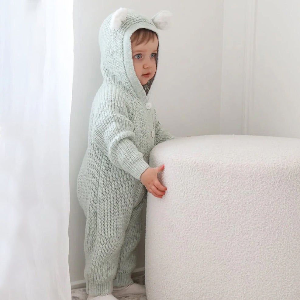 Cozy Solid Color 3D Ear Knit Hooded Long Sleeve Baby Jumpsuit